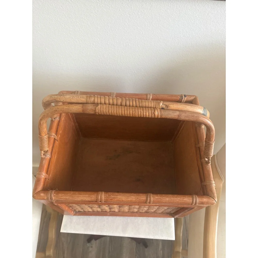 Vintage Woven Rattan Bamboo Wood Rectangular Basket w/ Bamboo Swing Handles MCM
